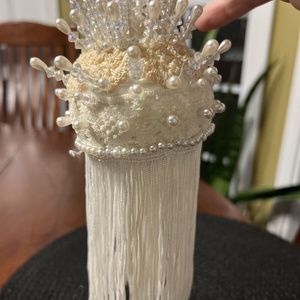 Vintage MCM Handmade Push Pin Satin Christmas Ornament Cream And White Crochet